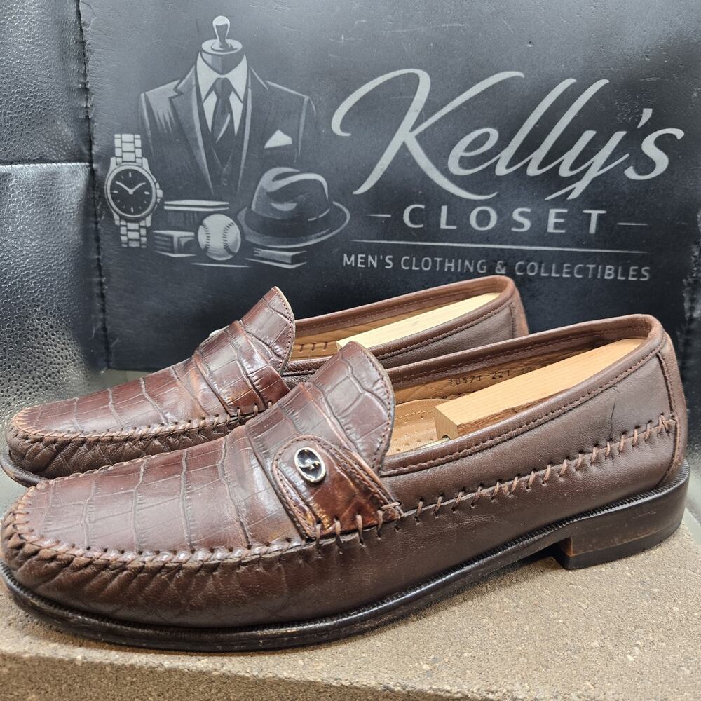 Florsheim Mens 10 D Brown Crocodile Print Leather Penny Loafers Slip On Shoes...
